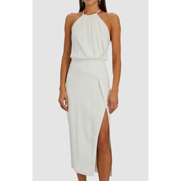 Michelle Mason Midi Dress Women's 2 Off White Gown Halter Sleeveless Open Back - Picture 1 of 11